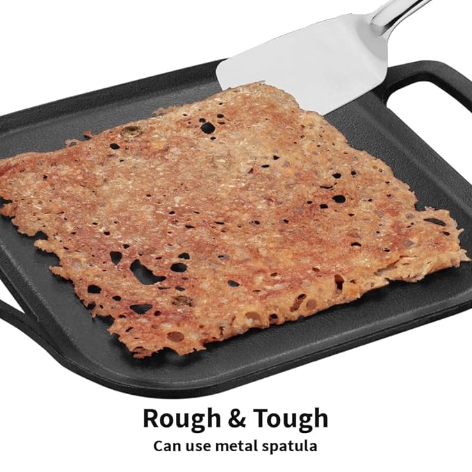 Hawkins Futura 26 cm Cast Iron Square Tava, Cast Iron Tawa for Pathri