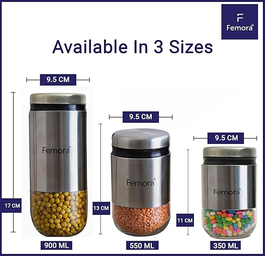 Femora Kitchen Storage Jars Steel Body With See Through Bottom Jar | 350 Ml | Pack of 6