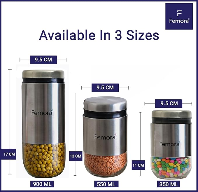 Femora Kitchen Storage Jars Steel Body With See Through Bottom Jar | 550 Ml | Pack of 4