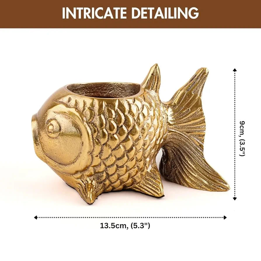 BEHOMA Aluminium Fish Figurine for Good Luck and Success | Candle Holder for Home Dcor Tabletop Living Room | Showpiece for Valentine's Day, Birthday , Gold