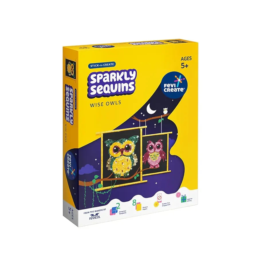 Fevicreate Sequin Art Owl Craft Kit | Sequin Art Fridge Magnets on Owl Templates with Multi-coloured Sequins, Magnets & more | Boost child's creativity | By Fevicol | Return Gift for Kids Age 5+ years