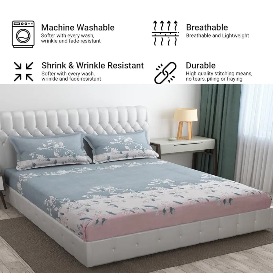 Fresh From Loom Double Bed King Size Floral Design Bed Spread with 2 Pillow Covers 144 TC Walnut Grey