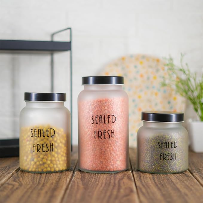 Femora Kitchen Storage Jars Frosted Glass Jar With Steel Lid Air Tight Jar | 1500 Ml | Pack of 6 | Black Lid
