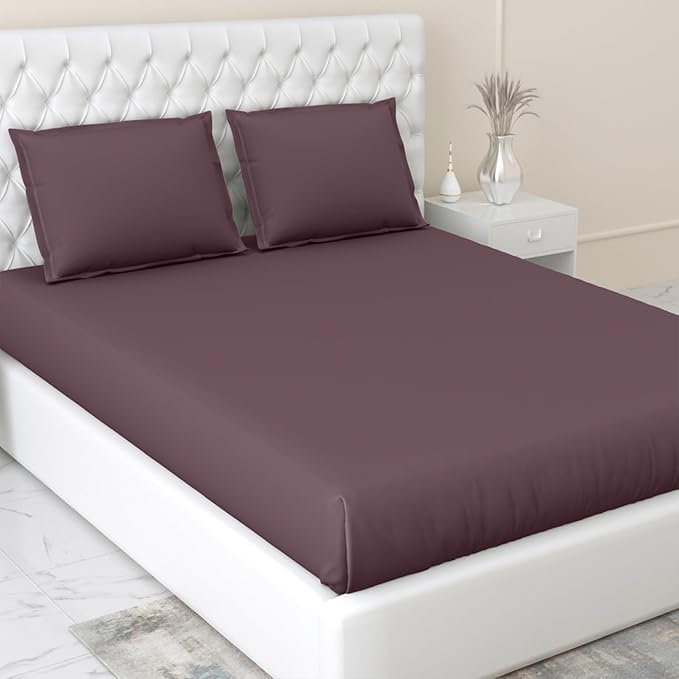 Haus kinder Cotton Elastic Fitted Bedsheet King Size 2 Pillow Covers | Colour Plum