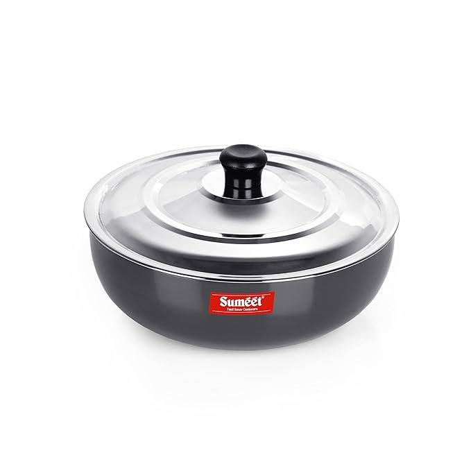 Sumeet 3mm Hard Anodized Deep Tasla with Stainless Steel Lid Size No- 10 (18.5cm 1.3 Liter)