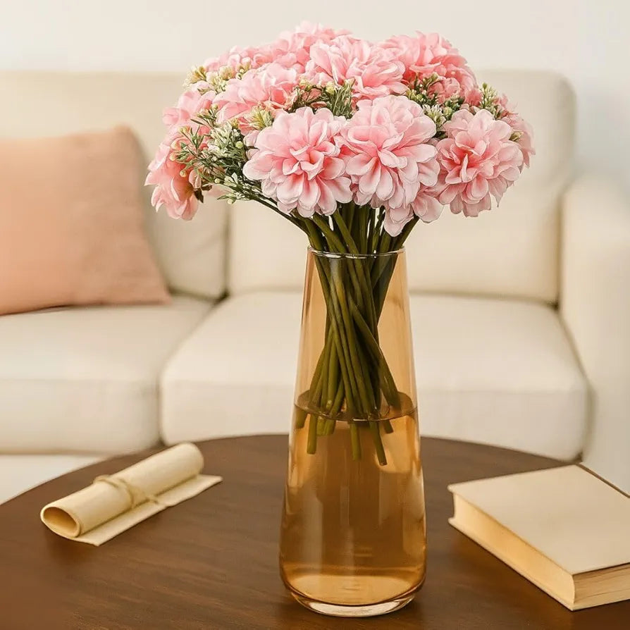 Artificial Dahlia Flower Bunch – 7-Stem Faux Bouquet Realistic Fabric Flower Arrangement Pink