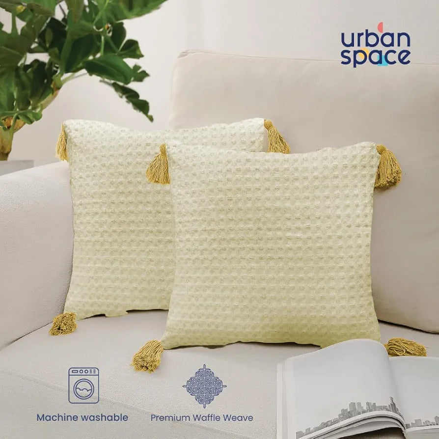 Urban Space Waffle Cotton Cushion Cover Set of 2 Cushion Covers for Sofa, Bedroom, Living Room Waffle Beige