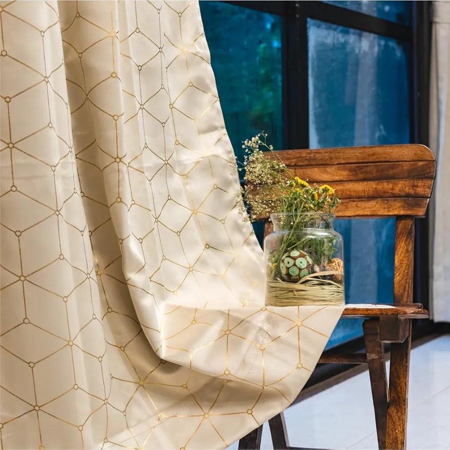 Urban Space Blackout Curtain for Living Room, Gold Foil Printed Blackout Decorative Curtain, Eyelet with Tieback Curtains 1 Piece Hex Beige Colour
