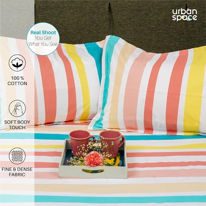 Urban Space Serene Bedsheet for Double Bed 2 Pillow Covers Multi Colour Stripes-Paste