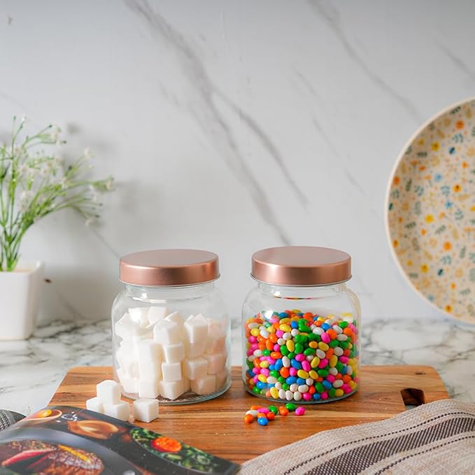 Femora Kitchen Storage Jars Clear Glass Jar With Steel Lid Air Tight Jar | 700 Ml | Pack of 1 | Golden Lid