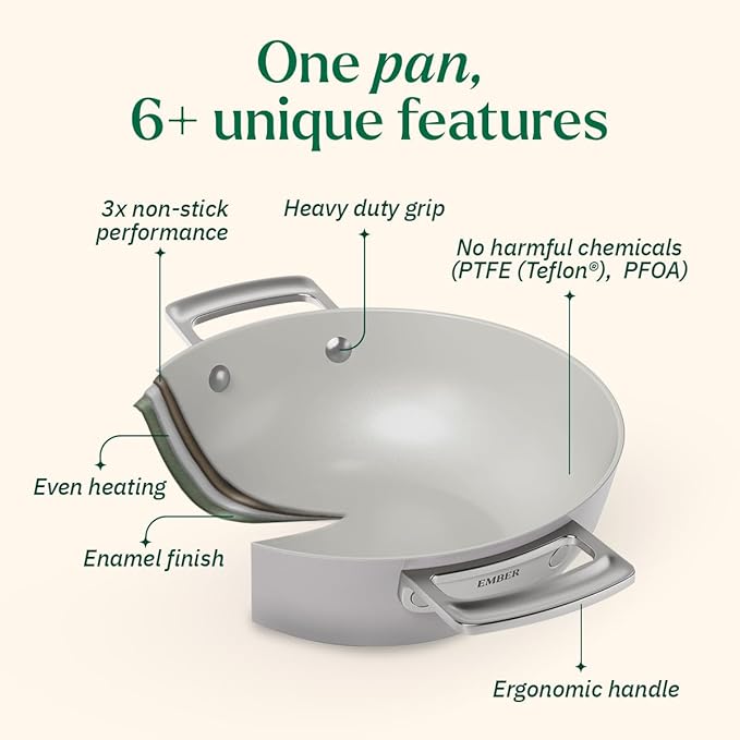 Ember Cookware Arcilla Ceramic Non Stick Kadai 24cm | Metallic Lid | Stainless Steel Handles | Grey