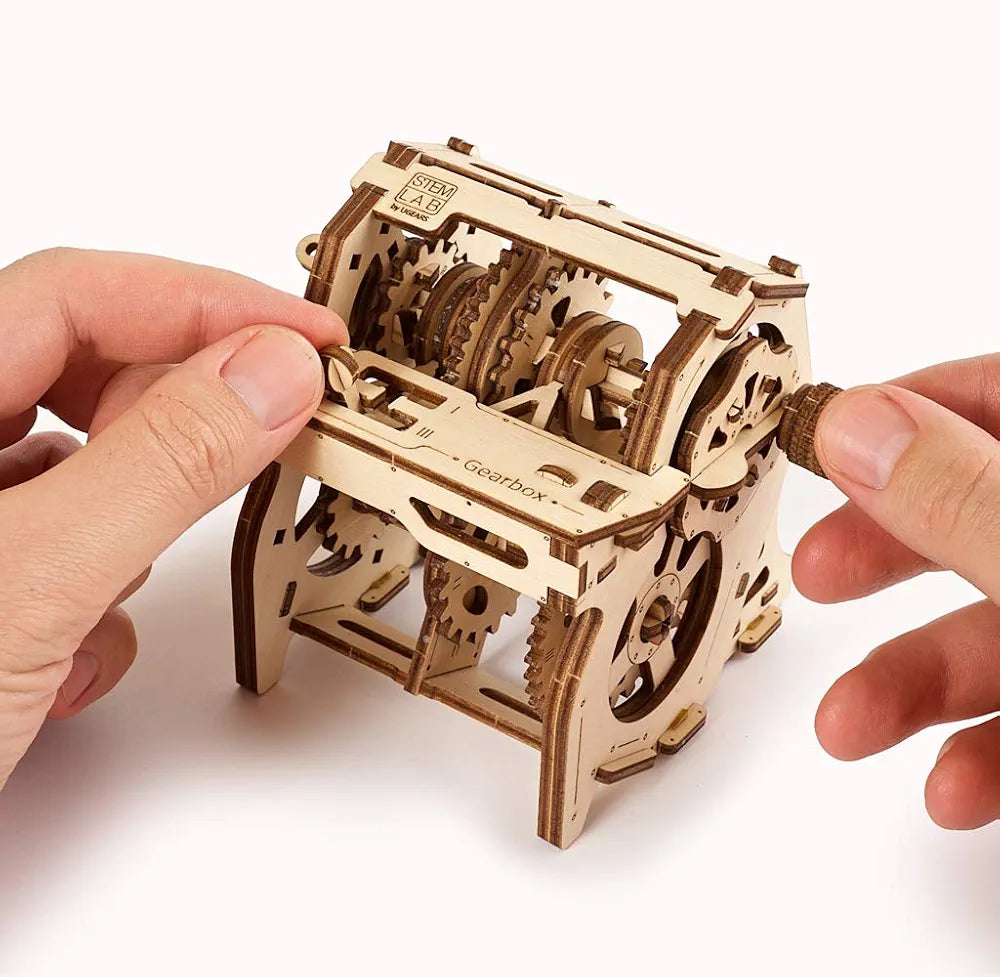 Ugears STEM Gearbox Model Kit - Creative Wooden Model Kits for Adults, Teens and Children - DIY Mechanical Science Kit for Self Assembly - Unique Educational and Engineering 3D Puzzles with App