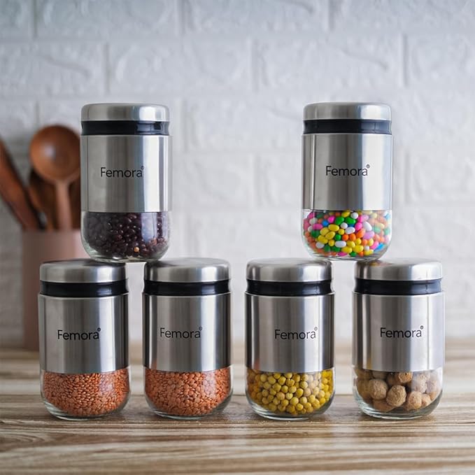 Femora Kitchen Storage Jars Steel Body With See Through Bottom Jar | 550 Ml | Pack of 6