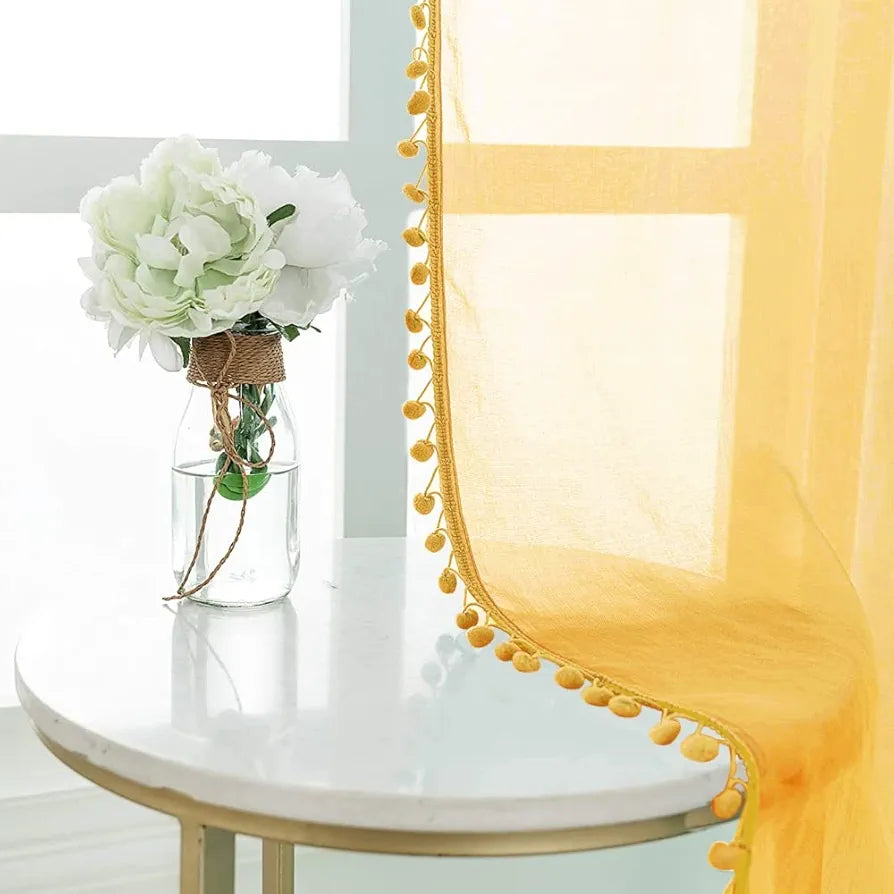 Urban Space Linen Textured Sheer Curtain for Door Room Darkening, Decorative Curtain with Tieback, Eyelets Hanging Style, Set of 2 Curtains Yellow with pom pom