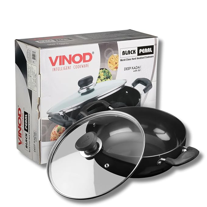 Vinod Black Pearl Hard Anodised Non Stick Deep Kadhai with Glass Lid - 4.1 LTR, 26 cm | 3.25mm Thickness | kadai for Cooking