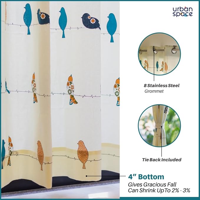 Urban Space Cotton Curtains for Door Set of 2 Curtains with Stainless Steel Rings (Colour Humming Bird Blue)