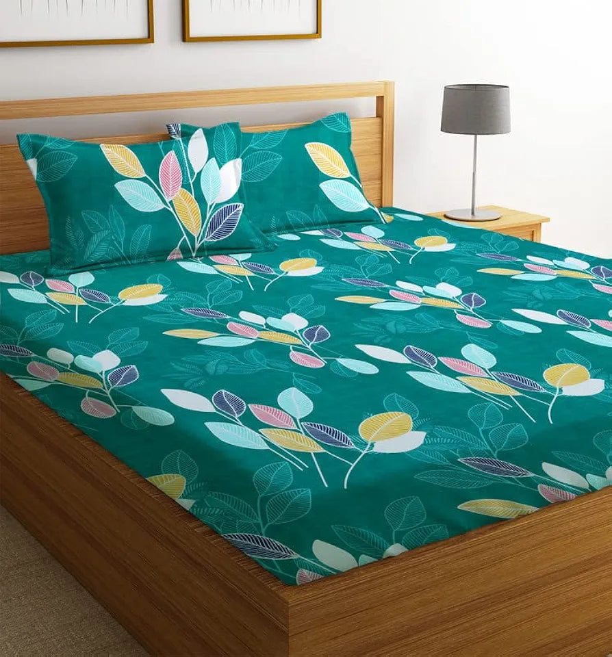 BSB Home Prime Collections 160tc Pure Microfiber Glace Cotton Double Bedsheet with 2 King Size Pillow Covers-Green and Blue