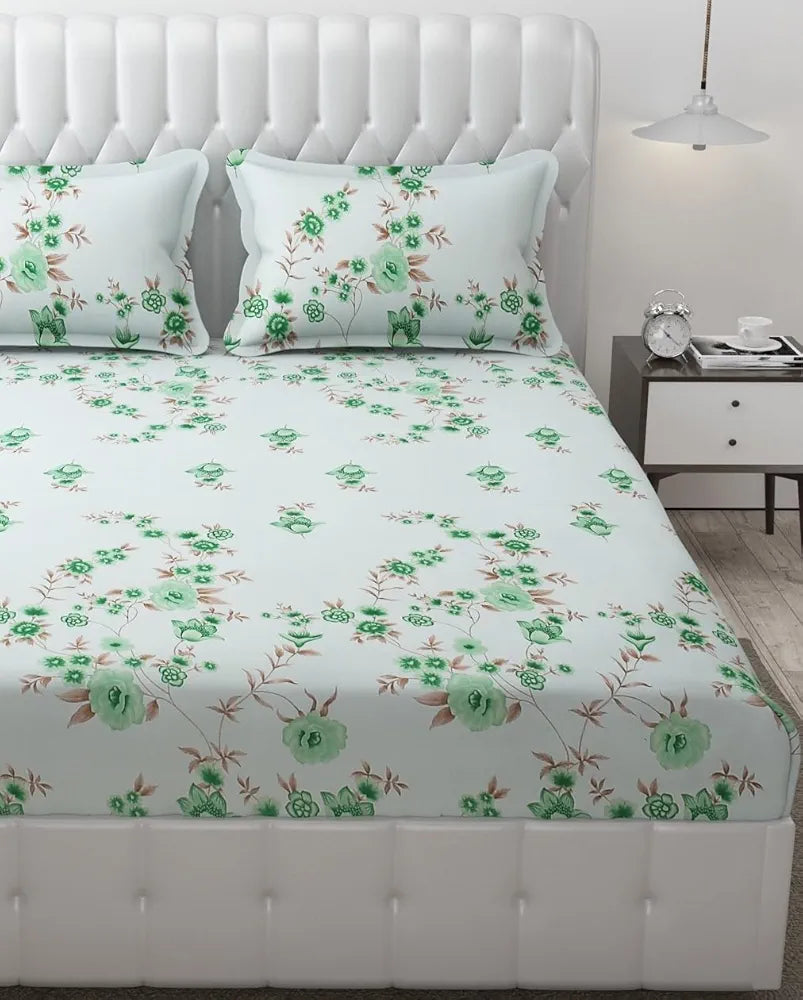 Fresh From Loom Microfiber Rotary Printed Bed Sheet Set King Size Hypoallergenic Wrinkle Free with 2 Pillow Covers Cyan Floral Design