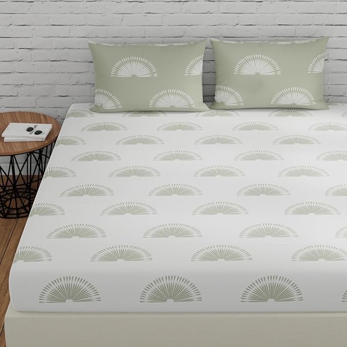 Huesland by Ahmedabad Cotton 144 TC Cotton Bedsheet for Double Bed King Size with 2 Pillow Covers | Sunrise | White and Basil Green