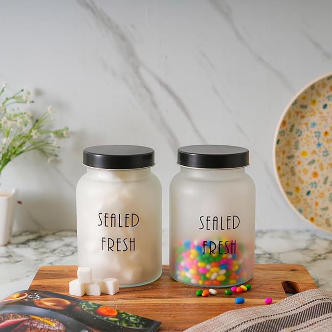 Femora Kitchen Storage Jars Frosted Glass Jar With Steel Lid Air Tight Jar | 1000 Ml | Pack of 2 | Black Lid