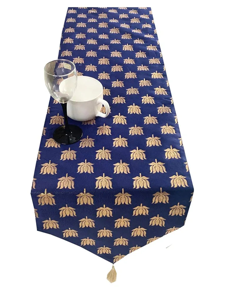 Pink Parrot Vireo Dopian Jacquard Silk Table Runner Colour Blue