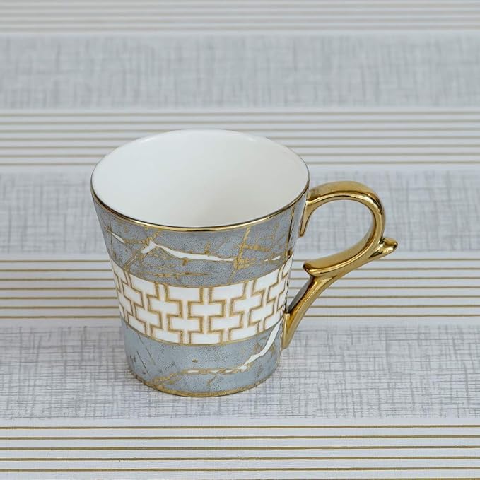 Femora Indian Ceramic Grey Gold Line Tea Cup | 6 Pieces | 155 Ml