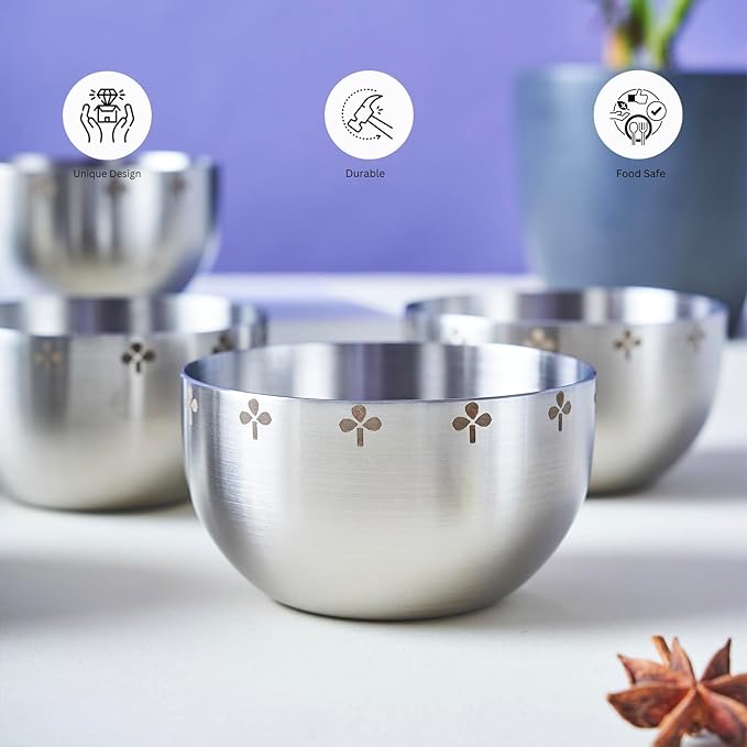 Arttdinox Designer Stainless Steel Katori Set of 6 | Multipurpose Vati and Bowl | Dinnerware & Tableware | Zenith Series