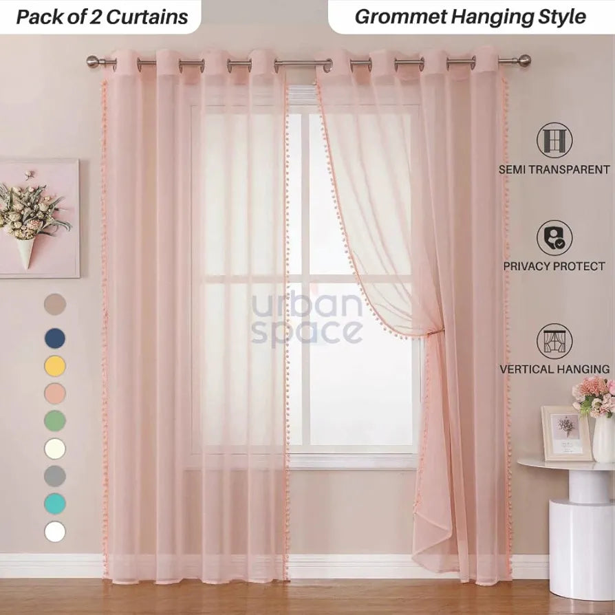 Urban Space Linen Textured Sheer Curtain for Door Living Room,Readymade Curtain with Rod Pocket, Set of 2 Decorative Curtains Blush Pink with Pom pom