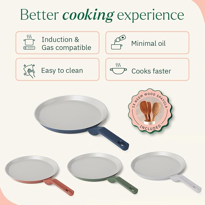 Ember Cookware Arcilla Ceramic Non Stick Dosa Tawa 28cm | Matching Handle | Florence Series | Blue