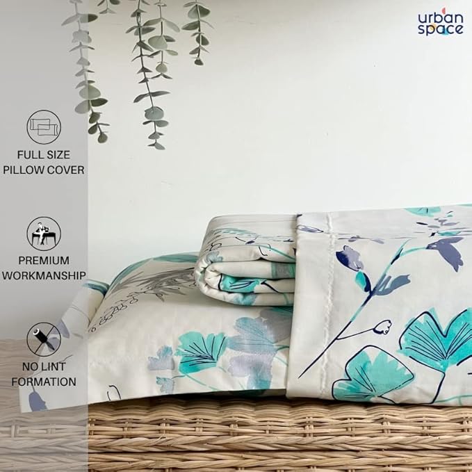 Urban Space Serene Cotton Bedsheet for Double Bed 2 Pillow Covers (Floral Feast Turquoise Blue)