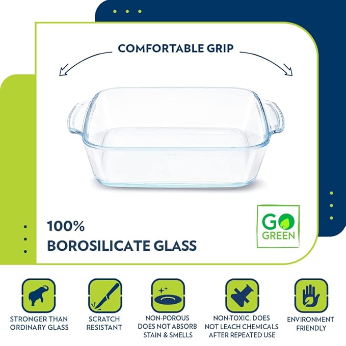 Borosil Glass Baking Dish | 1.6 Litres | Transparent | 1 Piece Square Dish With Handle