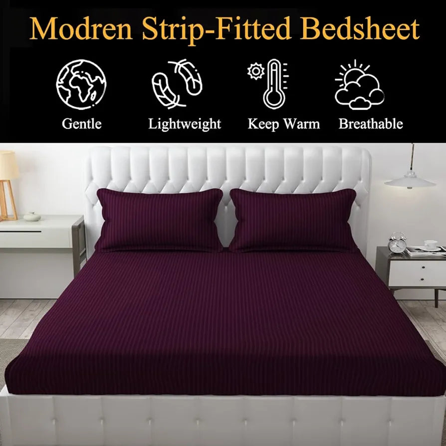 Fresh From Loom 240 TC Satin Striped Elastic Fitted Bed Sheets King Size Bed with Two Pillow Cover Wine