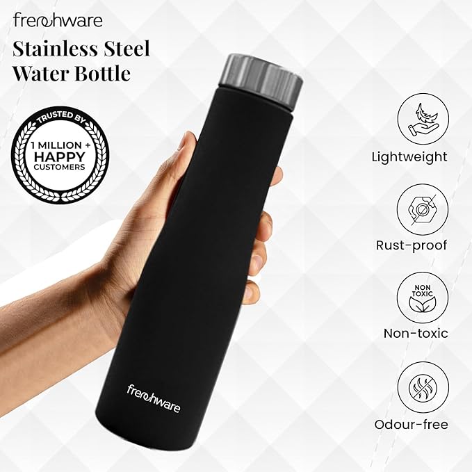 Frenchware Water Bottle 1 Litre, Stainless Steel, Premium SS 304, Shadow Black | Easy-to-Clean