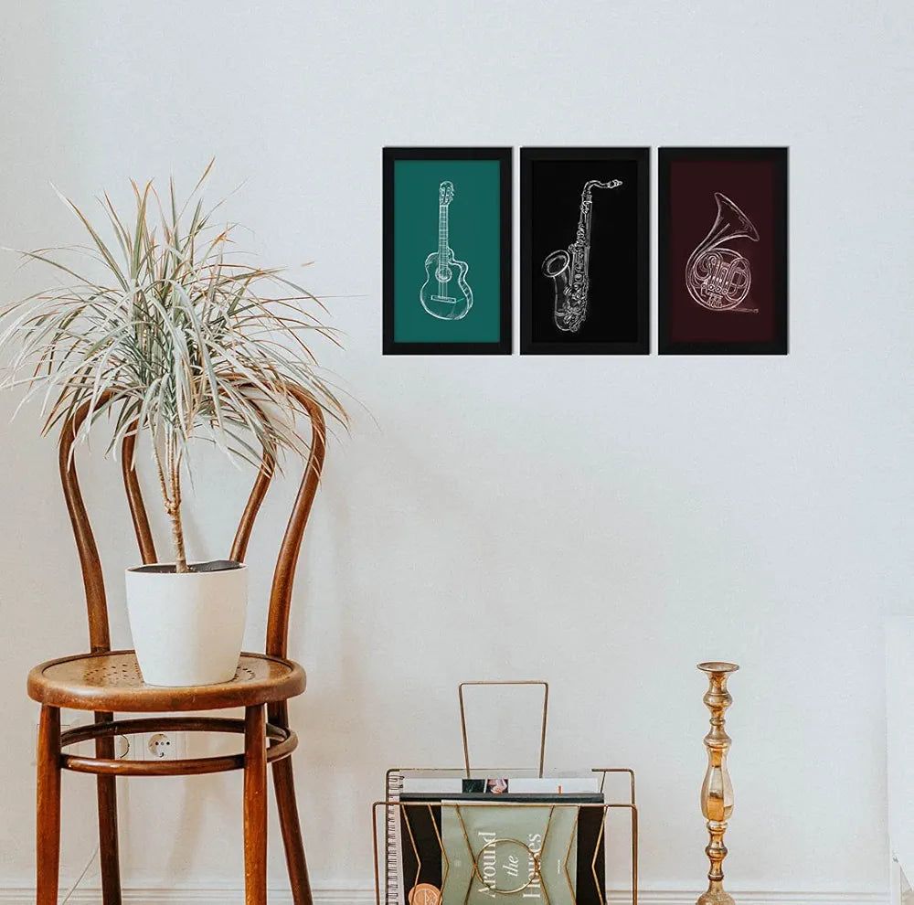 ArtX Paper Music Instruments Wall Art Painting Framed Set of 3