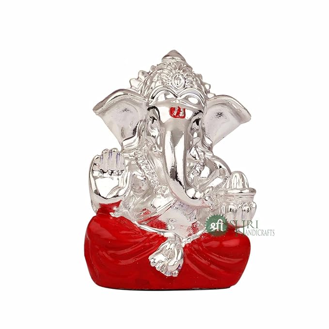 Indicast Hand Carved Silver Plated God Ganesha Resin Idol Sculpture Statue Murti for Office & and Home Decor & Gifts | Red