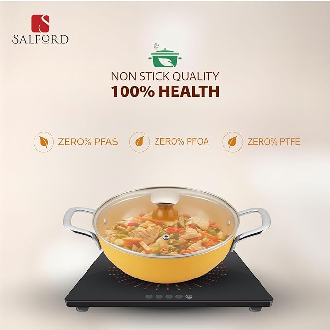 Salford Forged Ceramic Non-stick Kadai With Glass Lid & Tubular Ss Handle | Mustard Yellow | 240mm | 2.5 Litre