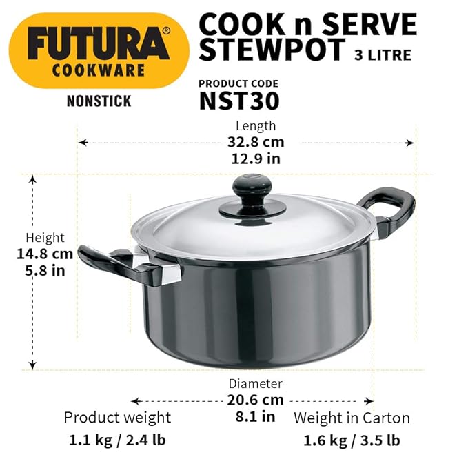 Hawkins Futura 3 Litre Cook n Serve Stewpot Non Stick Pot with Stainless Steel Lid