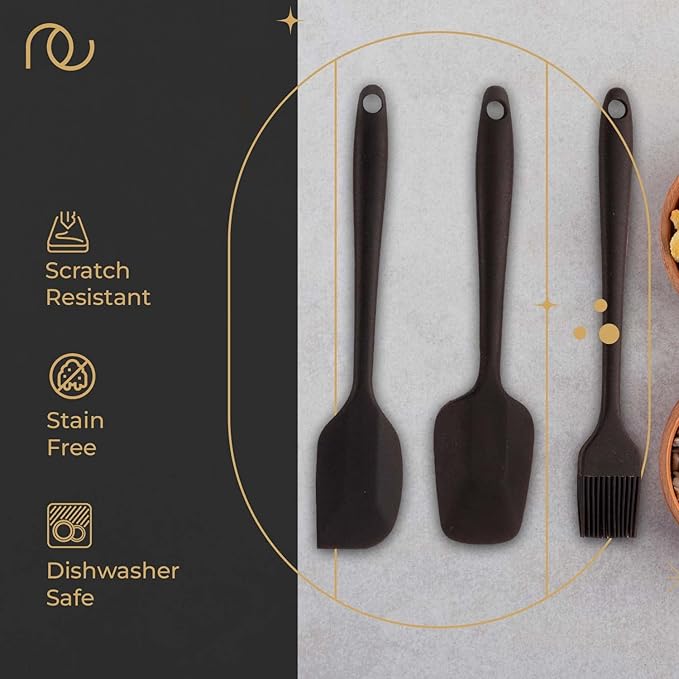 Frenchware Silicone Spatula for Kitchen | Set of 3, Black | Non Stick Small Spatula, Spoon & Brush for Cooking & Baking