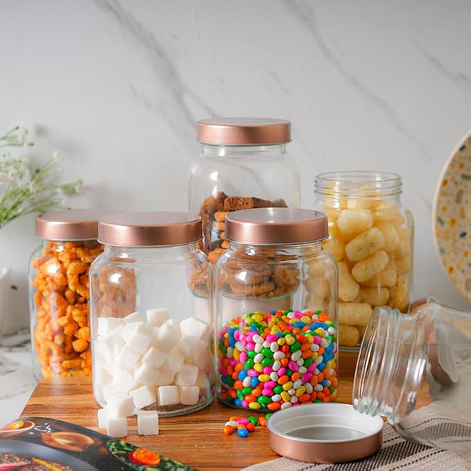 Femora Kitchen Storage Jars Clear Glass Jar With Steel Lid Air Tight Jar | 1000 Ml | Pack of 1 | Golden Lid