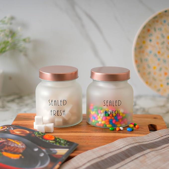 Femora Kitchen Storage Jars Frosted Glass Jar With Steel Lid Air Tight Jar | 700 Ml | Pack of 1 | Golden Lid