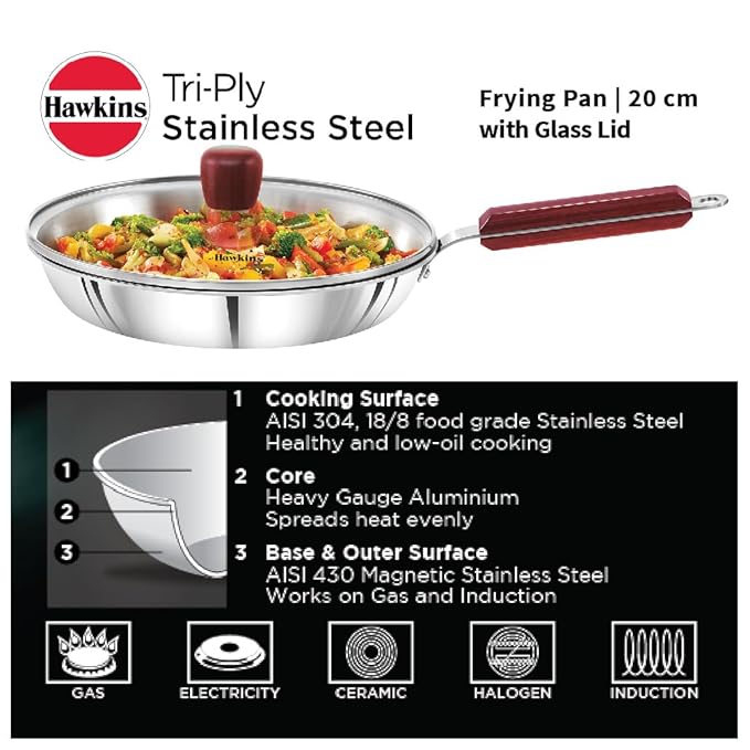 Hawkins 20 cm Frying Pan Triply Stainless Steel Fry Pan with Glass Lid