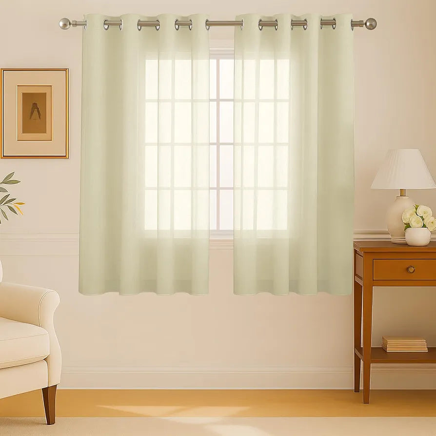 Cloth Fusion Plain Cotton Feel Sheer Window Curtains 5 Feet Long Set of 2 Semi-Transparent Cream