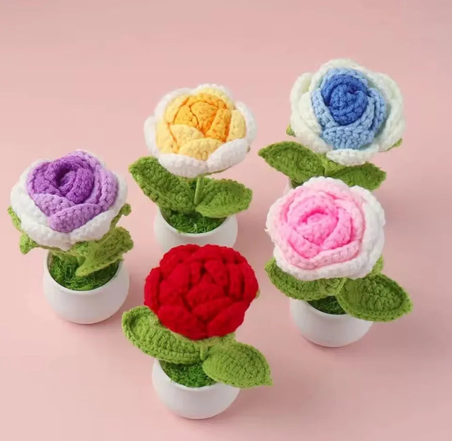Handmade Crochet Flower Pot Pink Rose Shaded 1 PC. Artificial Flower Knitted Flower