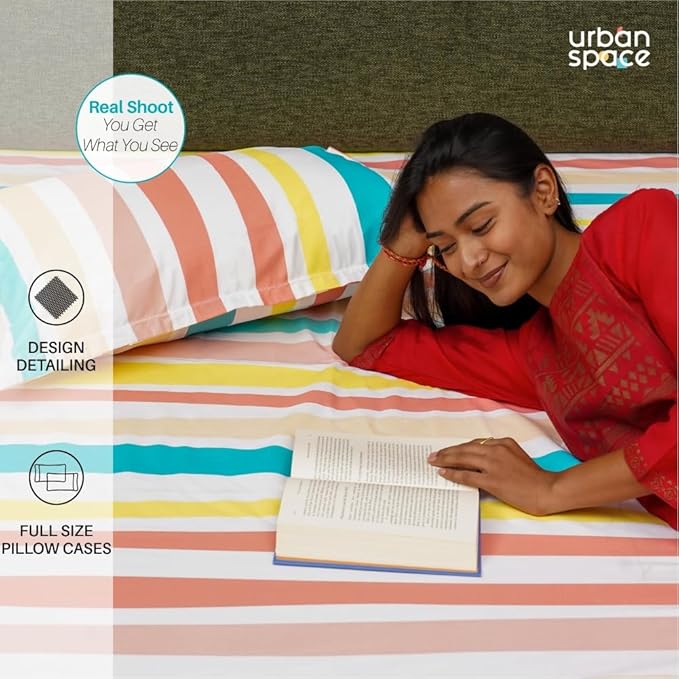 Urban Space Serene Bedsheet for Double Bed 2 Pillow Covers Multi Colour Stripes-Paste