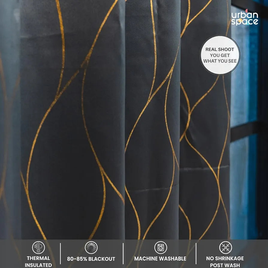 Urban Space Blackout Curtain for Living Room, Gold Foil Printed Luxurious Blackout Decorative Curtain Eyelet with Tieback Curtains 1 Piece Wave Stone Gray