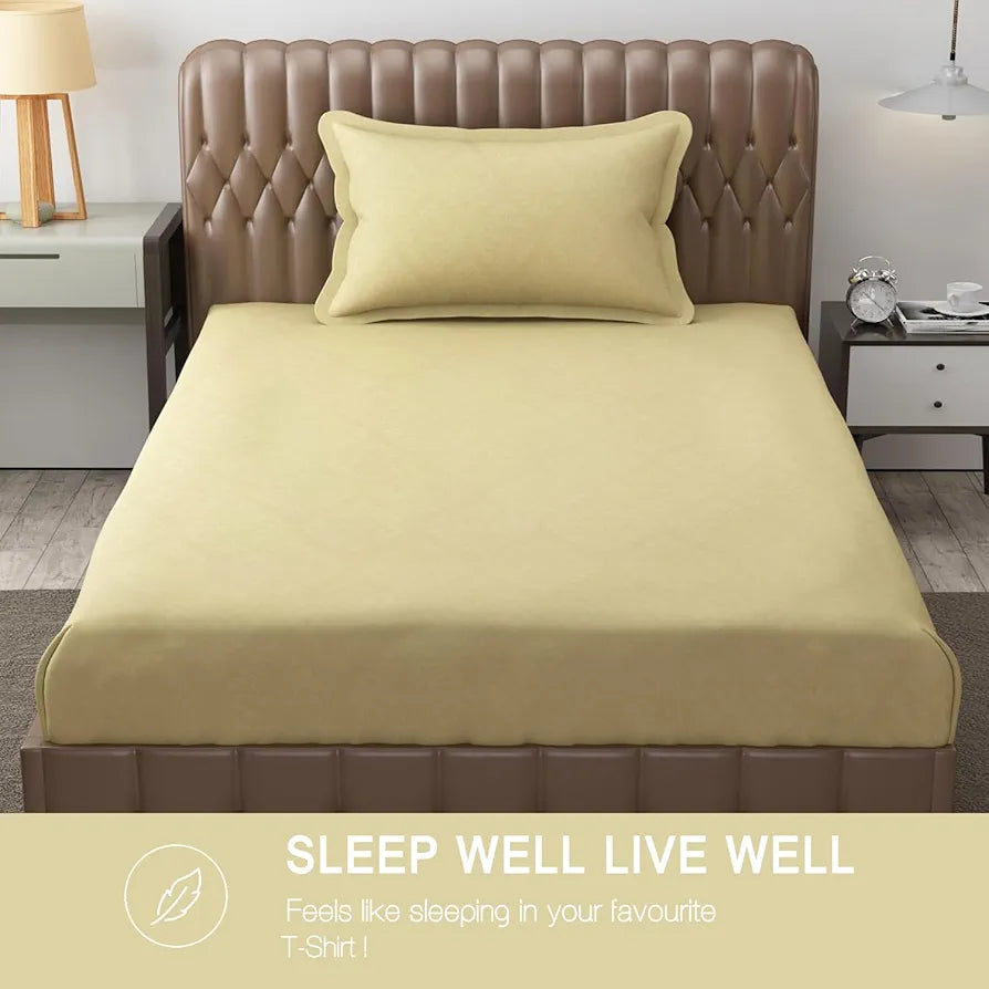 Fresh From Loom Single Bed Bedsheet Solid Bed Sheets With 1 Pillow Covers 144 TC Light Beige Damas