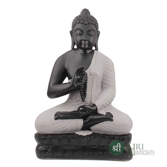 Indicast Polyresin Meditating Monk Buddha Idol for Home Decoration | Black, Off White