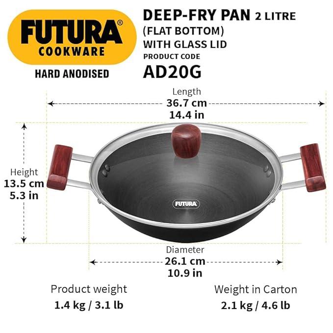 Hawkins Futura 2 Litre Deep Fry Pan Hard Anodised Kadai with Glass Lid
