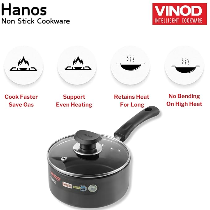 Vinod Hanos Hard Anodised Non Stick Saucepan with Lid - 1.7 Litre, 16 cm | 3.25mm Thick | 5X Long Lasting