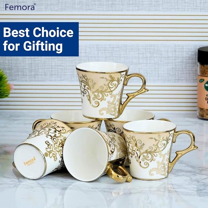 Femora Premium Floral Gold Line Ceramic Coffee & Tea Cup Set of 6 - 900 gms